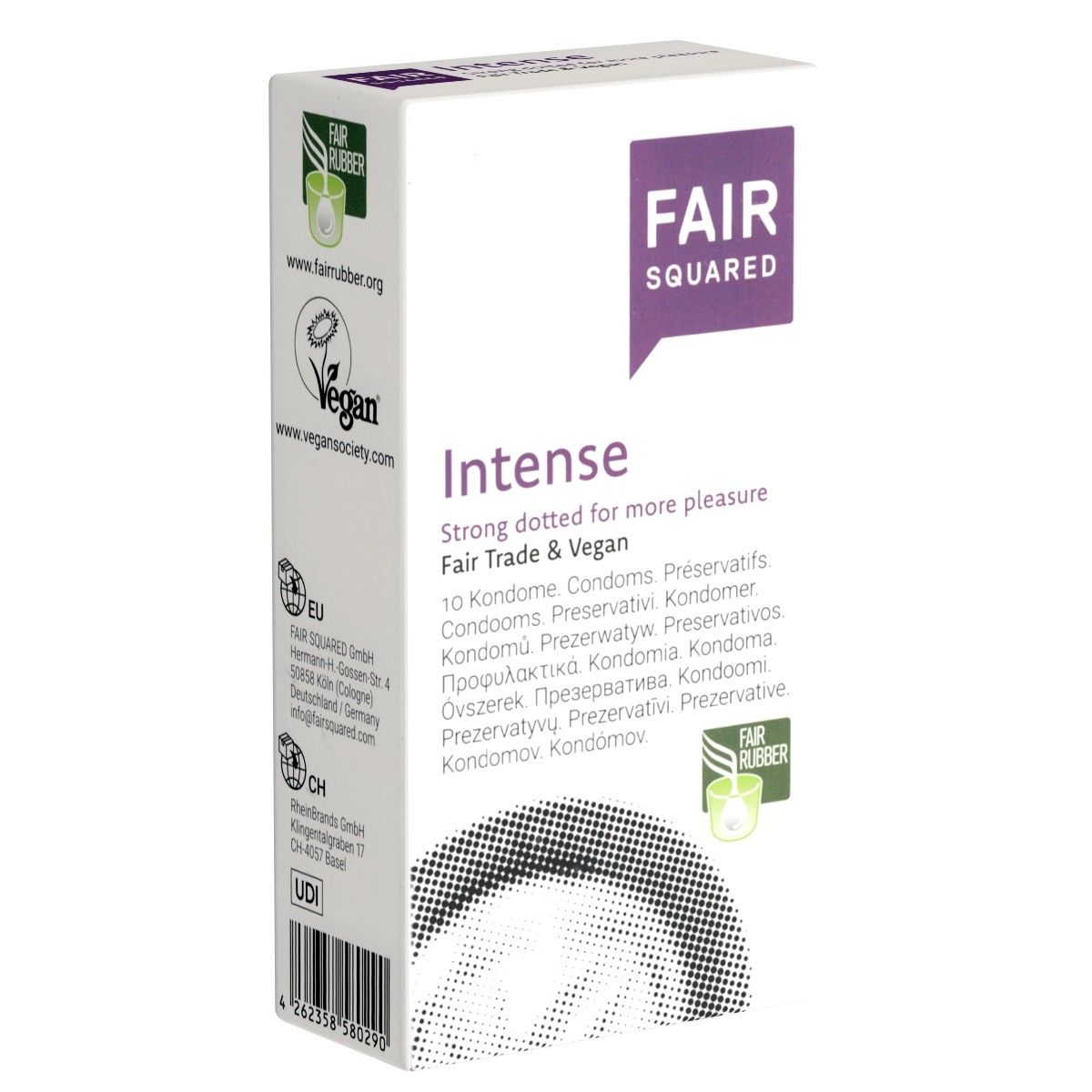 Verpakking Fair Squared Intense condooms, 10 stuks. Sterk gepunt voor meer genot. Fair Trade & Vegan.