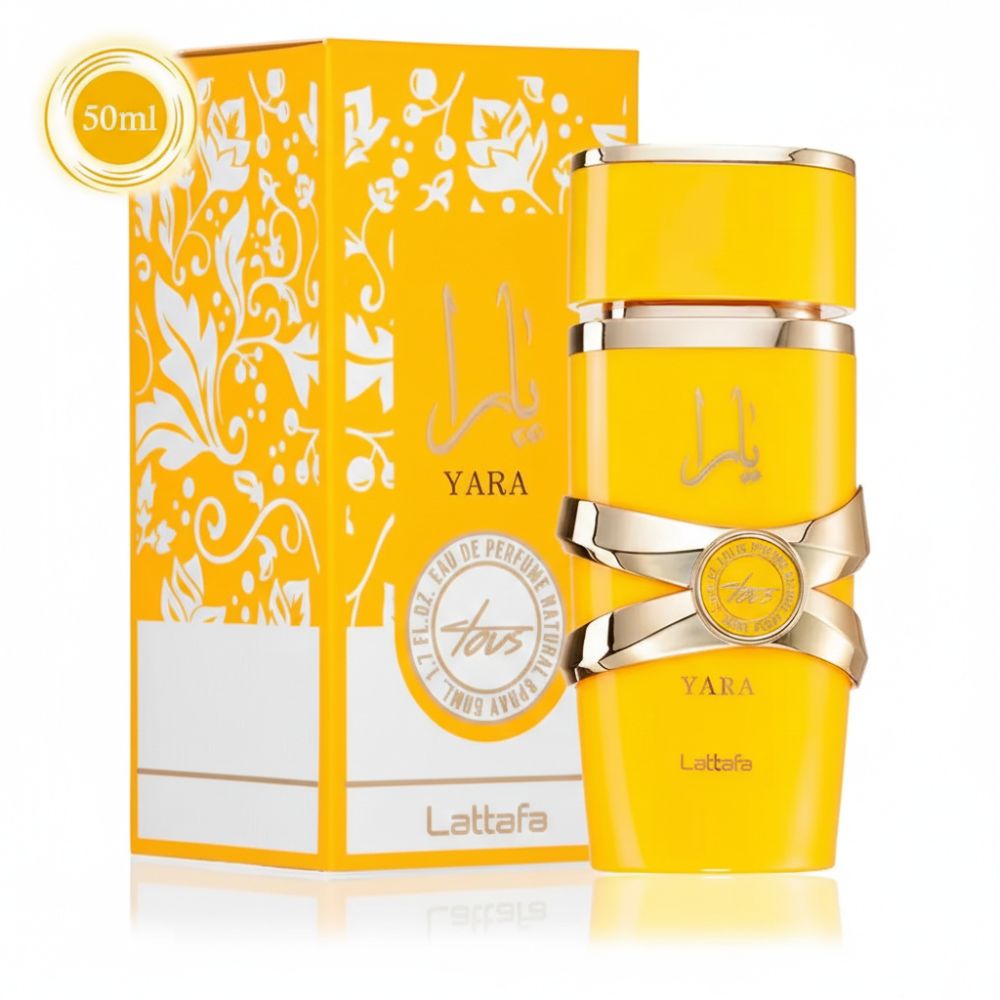 Gele flacon en verpakking. Opschrift "Yara" en "Lattafa".