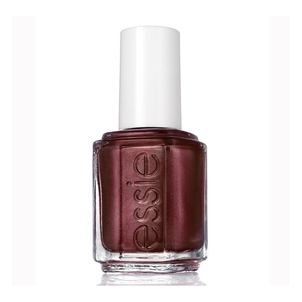 Bordeauxrode nagellakfles met witte dop. Essie-logo op de fles. Transparante glazen fles.