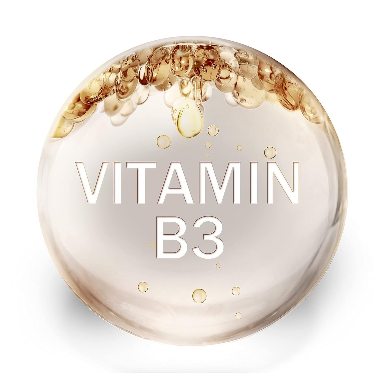Sphère avec inscription VITAMINE B3. Liquide doré, écriture blanche.