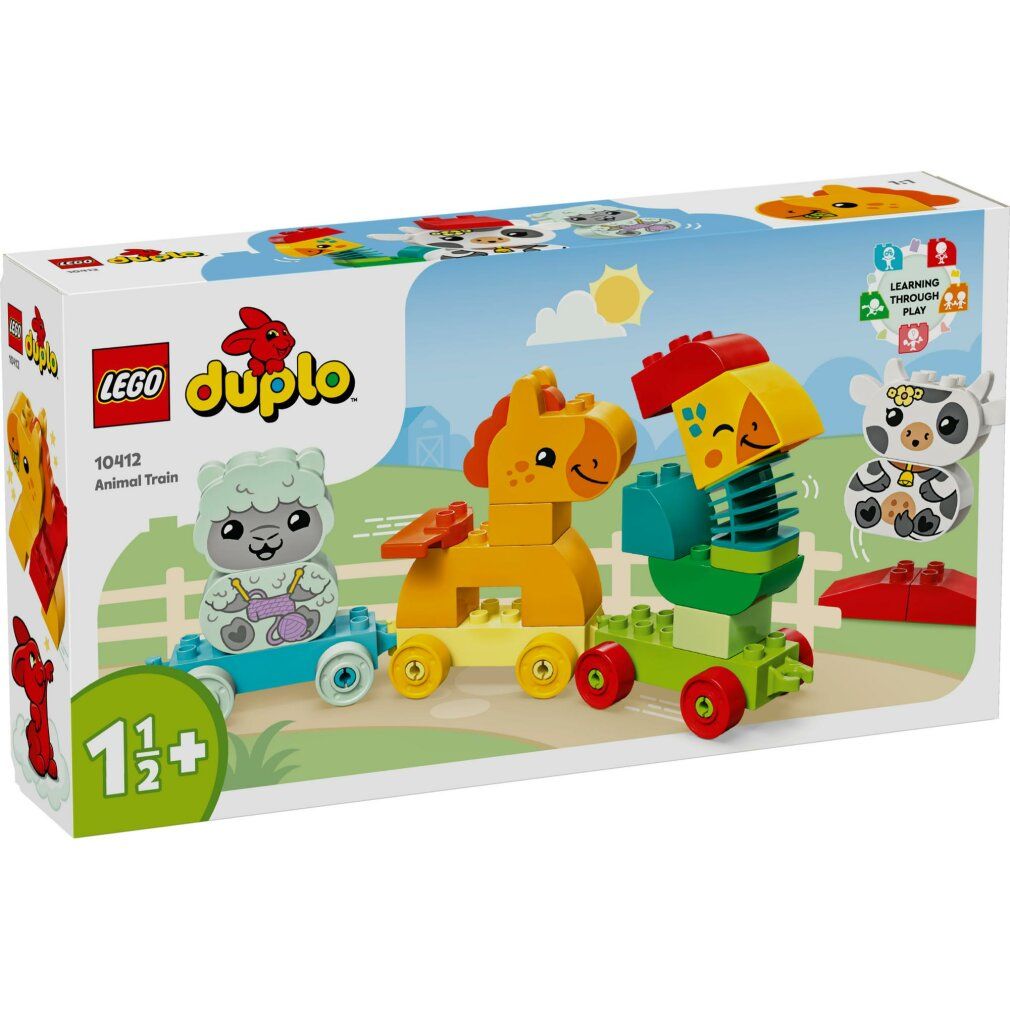 LEGO DUPLO trein met koe, paard, schaap en vogel. Gekleurde blokken op wielen. Verpakking met productnaam en leeftijdsadvies.