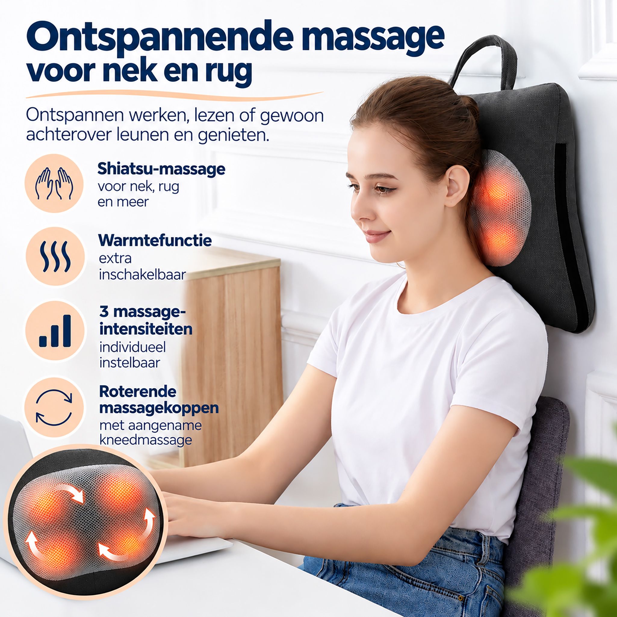 Grijs Shiatsu massagekussen met vier gloeiende massagekoppen, liggend op een fauteuil.