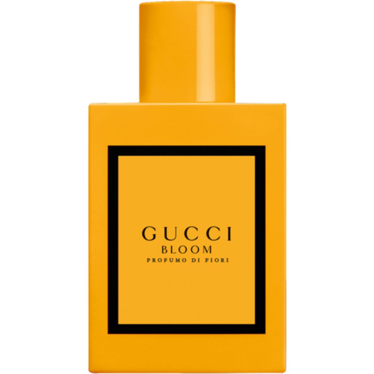 Gele fles met zwart etiket. Opschrift: Gucci Bloom Profumo di Fiori. Gele dop.