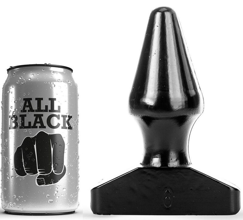 Bouchon anal noir conique à côté d'une canette de boisson avec logo "ALL BLACK".