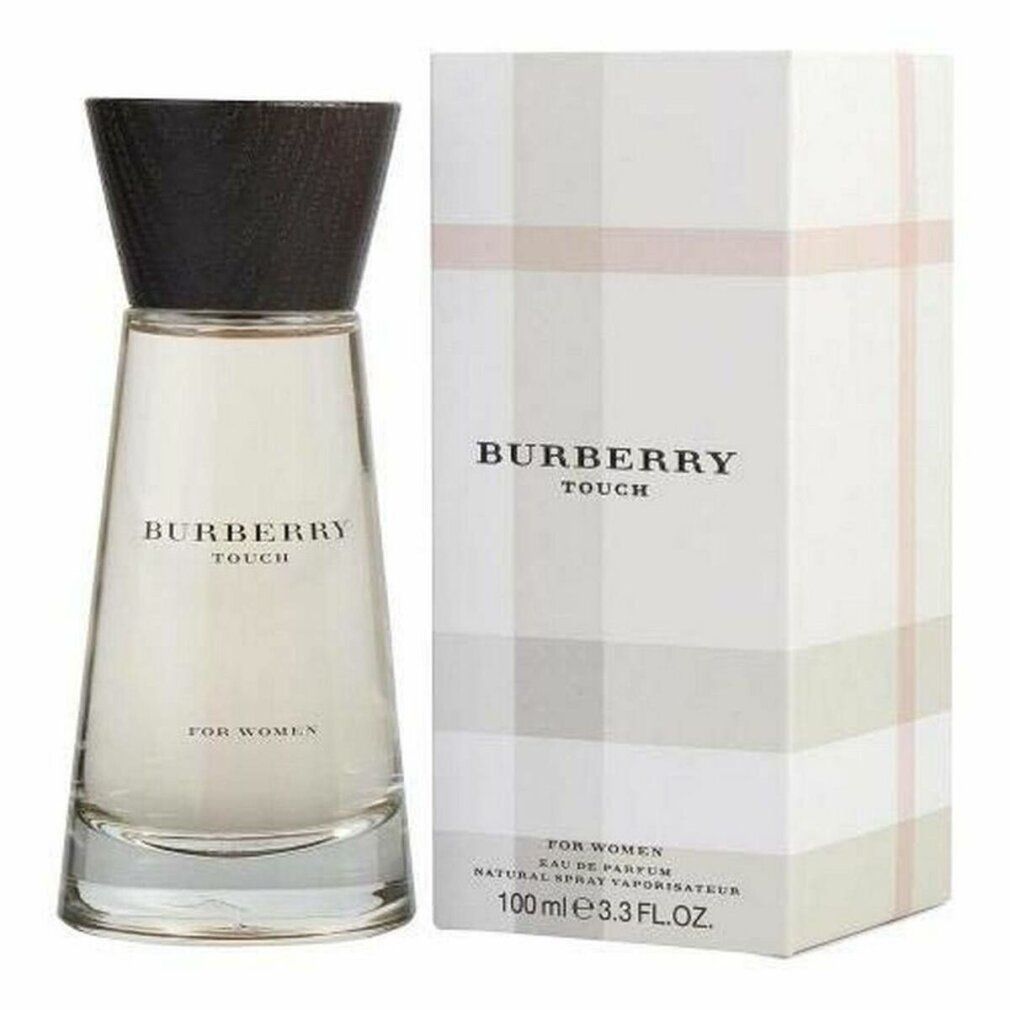 Flacon et emballage Burberry Touch for Women. Flacon avec bouchon noir, emballage à motif à carreaux.