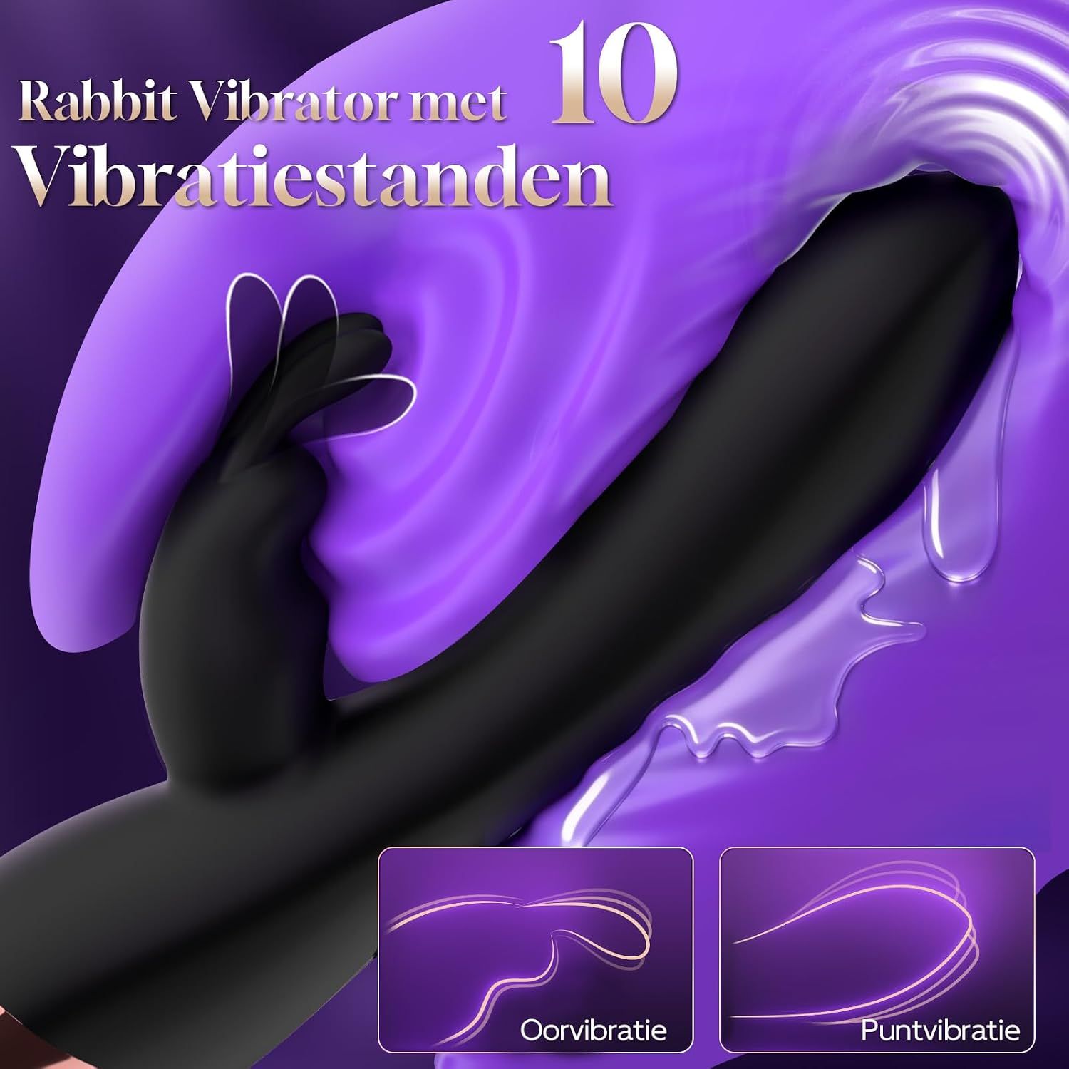 Paarse konijnenvibrator met 10 vibratiestanden. Toont twee vibratiepatronen: Oorvibratie en Puntvibratie.