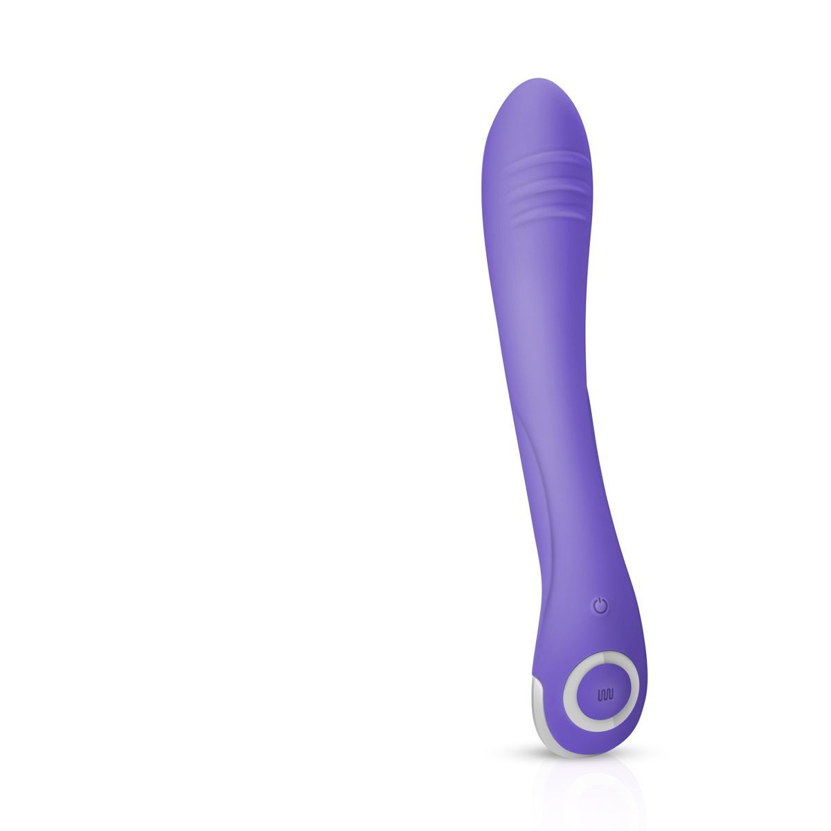 Paarse vibrator met afgeronde punt en bedieningspaneel. Drie groeven op de schacht.