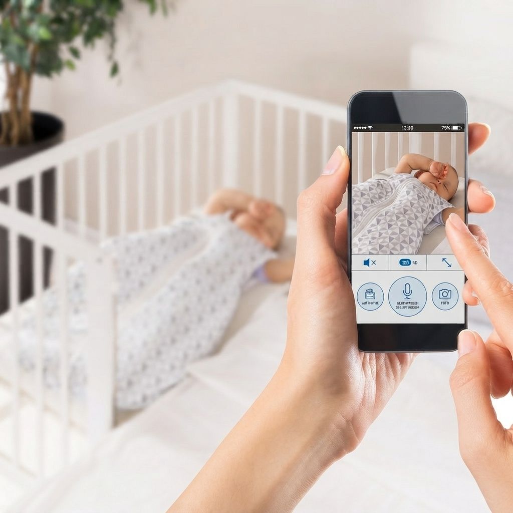 Smartphone toont baby in wieg, in slaapzak.