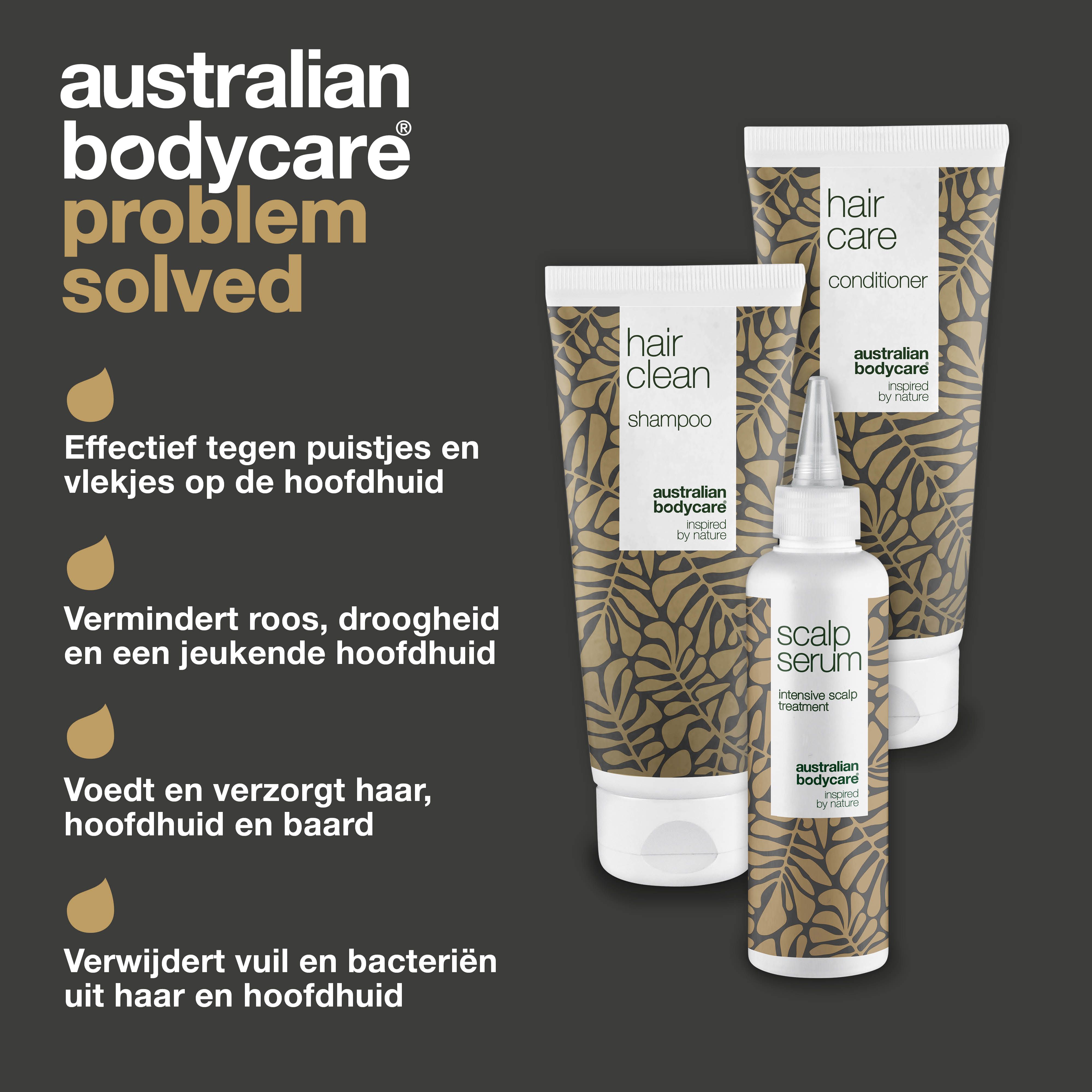 Probleem opgelost. Shampoo, conditioner en serum. Witte flessen met bruin bladpatroon. Australian Bodycare.