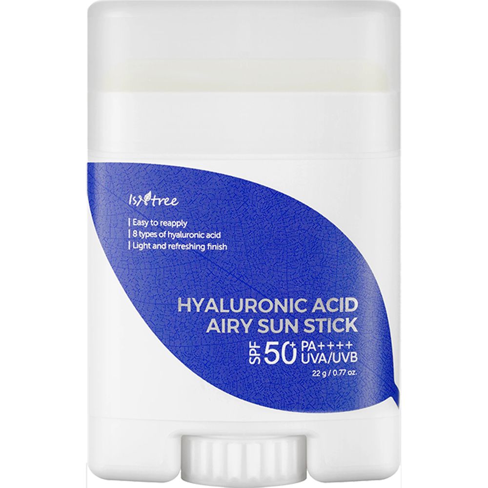 Witte stick met blauwe sticker. Tekst: Hyaluronic Acid Airy Sun Stick SPF50+ PA++++. 22g/0.77 oz.
