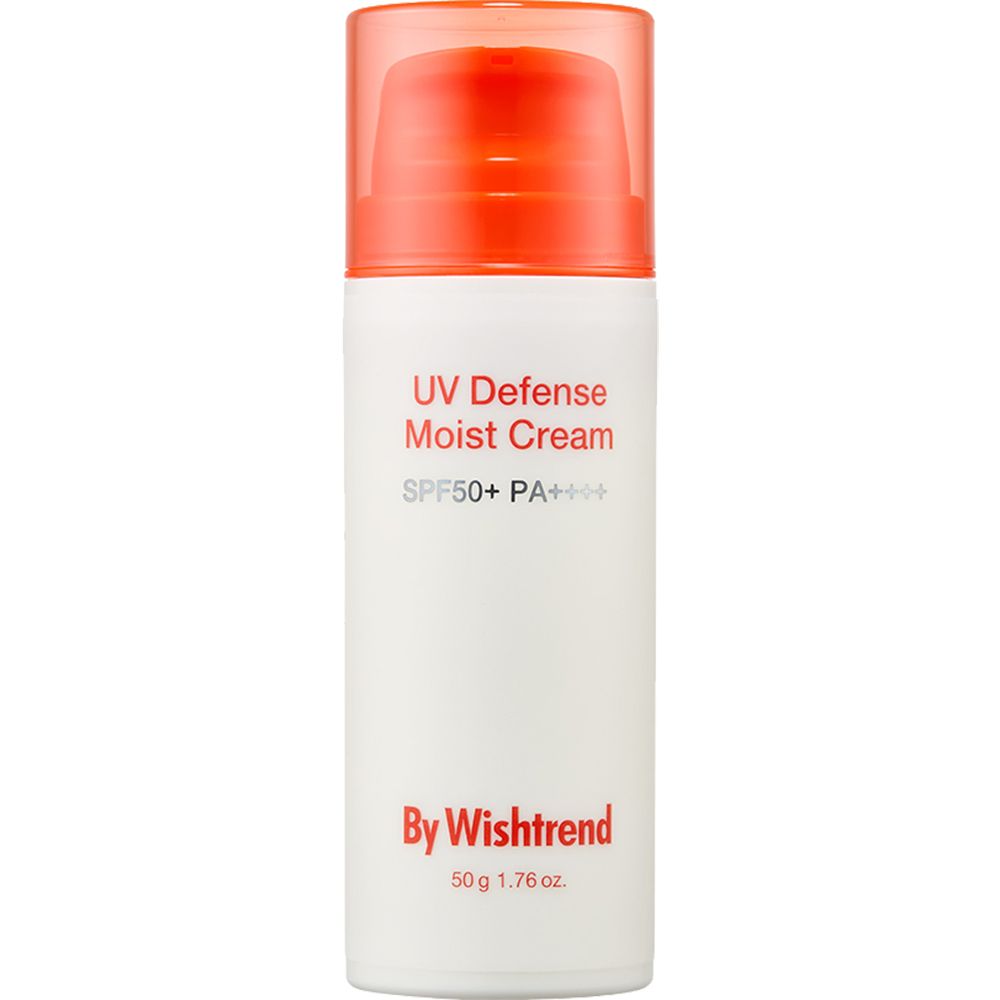 Witte tube met rode dop. Tekst: UV Defense Moist Cream SPF 50+ PA++++. Merk: By Wishtrend. 50g.