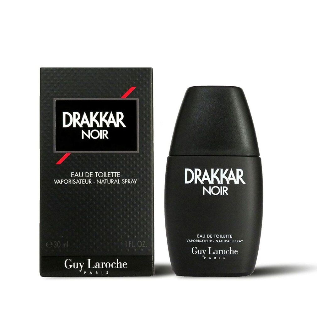Zwarte fles en doos van Drakkar Noir Eau de Toilette Spray. Zwarte fles met witte tekst. Doos met rode lijn.
