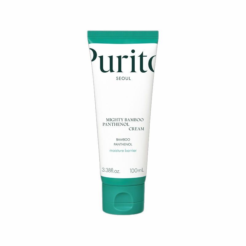 Witte tube met groene dop. Opschrift: Purito, Seoul, Mighty Bamboo Panthenol Cream. 3.38 fl.oz. 100ml.