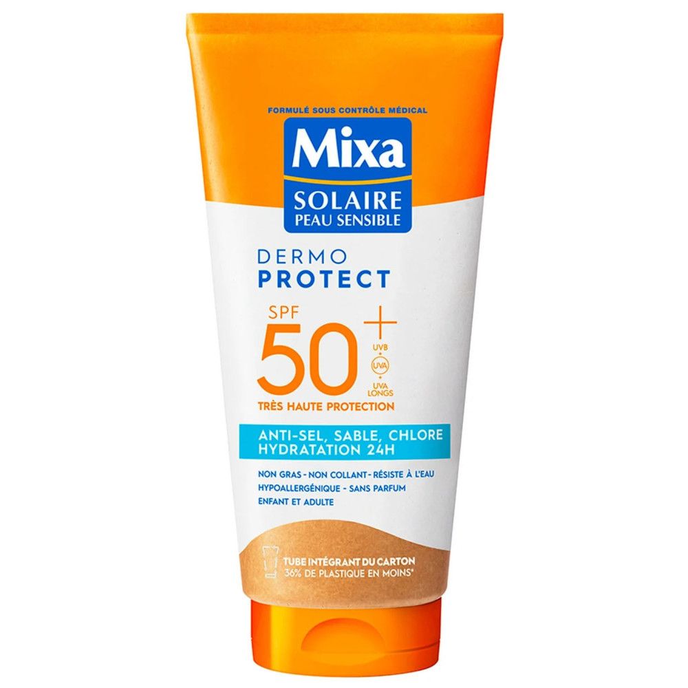 Mixa zonnebrandcrème tube, SPF 50+, Dermo Protect, anti-zout, zand, chloor, 24h hydratatie. Oranje, wit, blauw. Voor gevoelige huid.