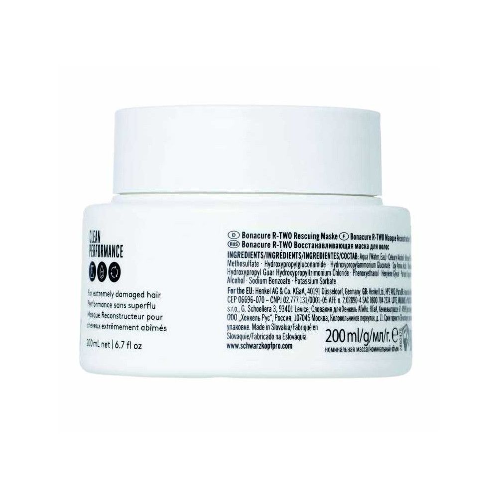 Pot blanc avec informations produit. Texte: Bonacure R-TWO Rescuing Masque, 200 ml, ingrédients. Logo Schwarzkopf.