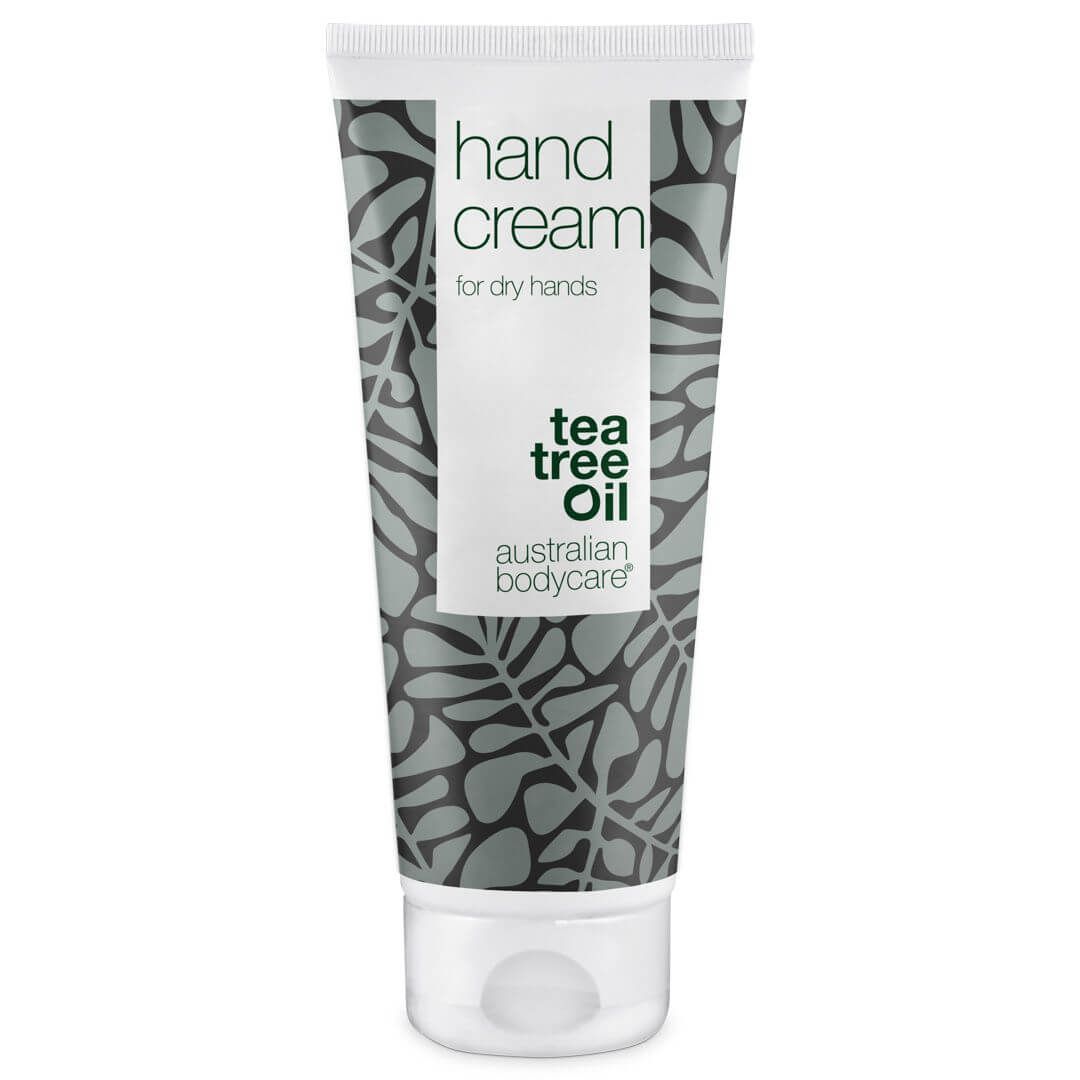 Handcrèmetube met witte dop. Opschrift: Hand Cream, Tea Tree Oil, Australian Bodycare.