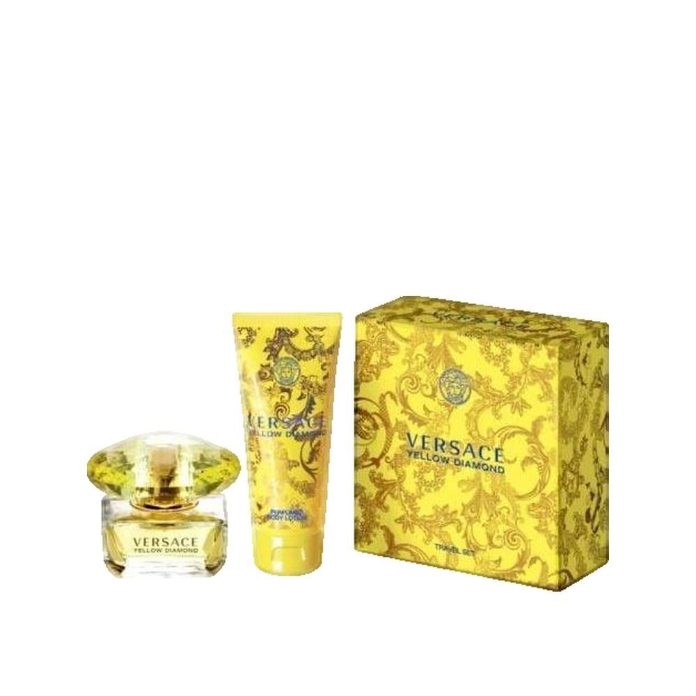 Coffret jaune Versace. Flacon de parfum, tube et boîte. Flacon avec bouchon jaune. Tube et boîte à motifs floraux.