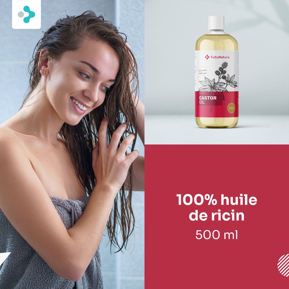 Femme dans la salle de bain, tient ses cheveux. Bouteille d'huile de ricin FutuNatura. Inscription: 100% castorolie, 500 ml.