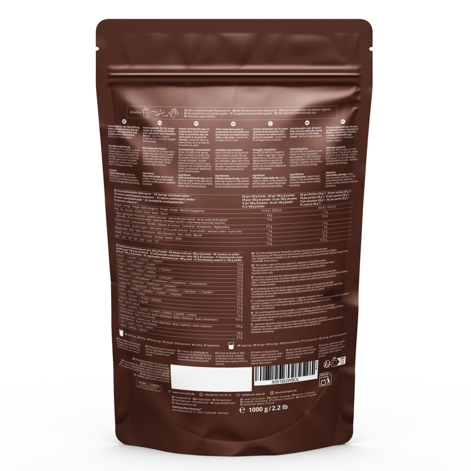 Dos du sachet marron. Texte multilingue. Informations nutritionnelles. Code-barres.