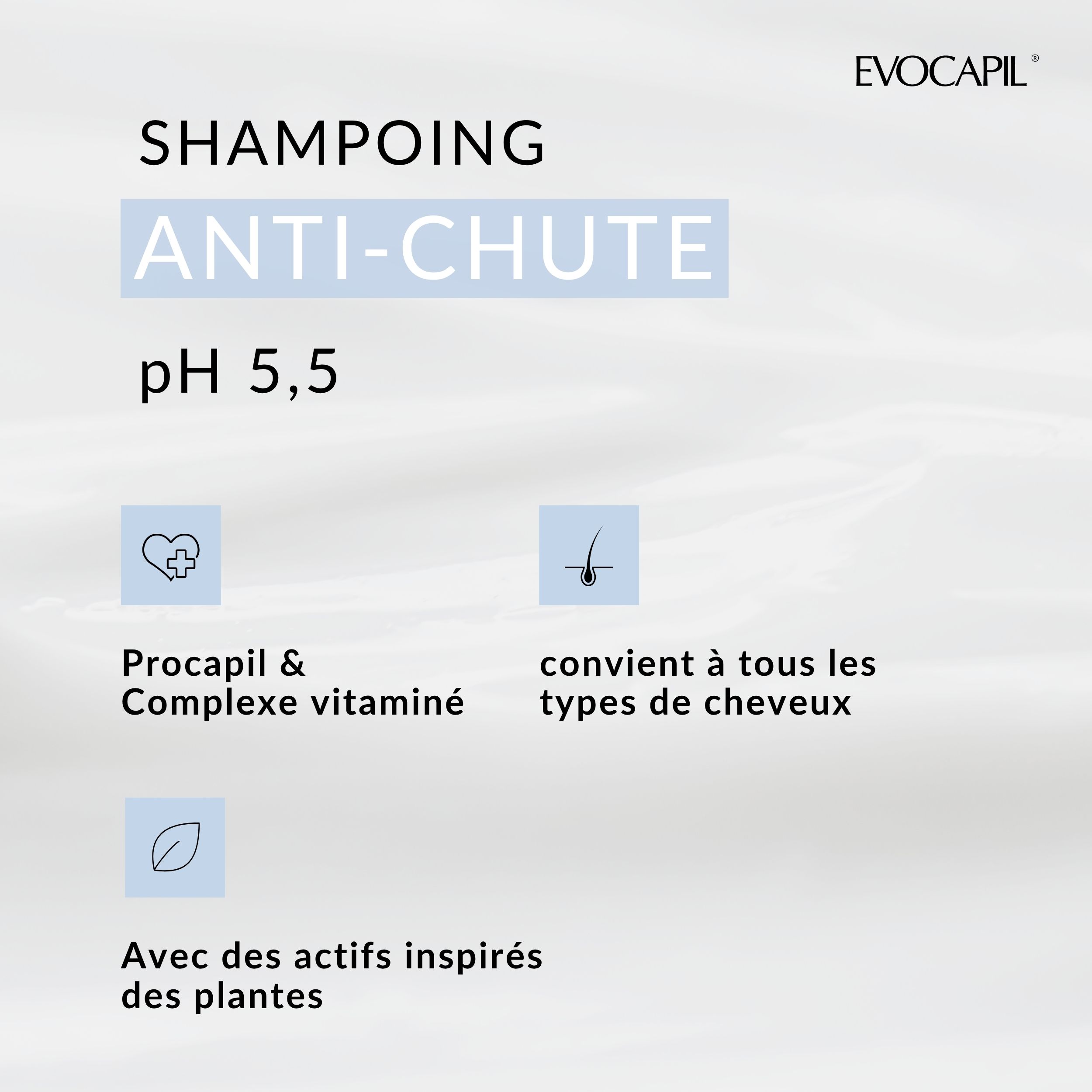 Evocapil Plus Shampooing Anti-chute, pH 5,5. Procapil & Complexe vitaminé. Convient à tous les types de cheveux. Actifs végétaux.