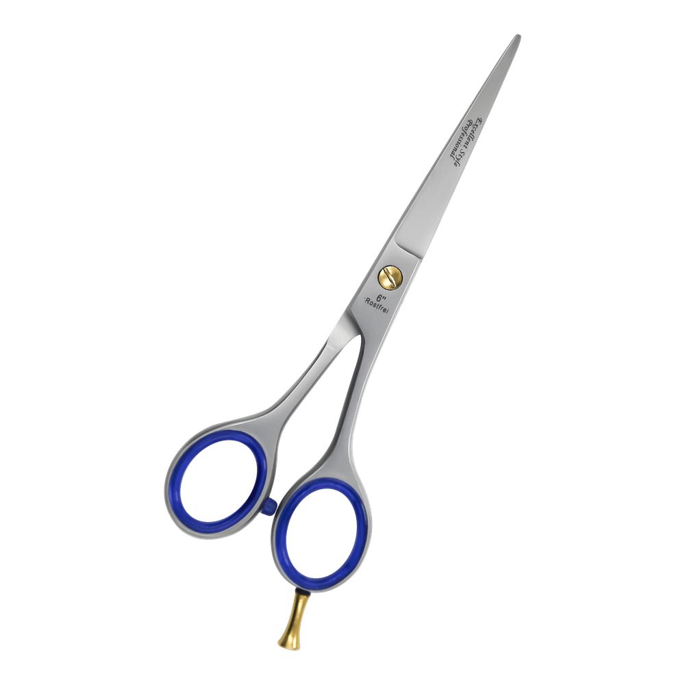 Kappersschaar met zilveren bladen, blauwe rubberen handgrepen en gouden accent. Opschrift: 6" Rostfrei.