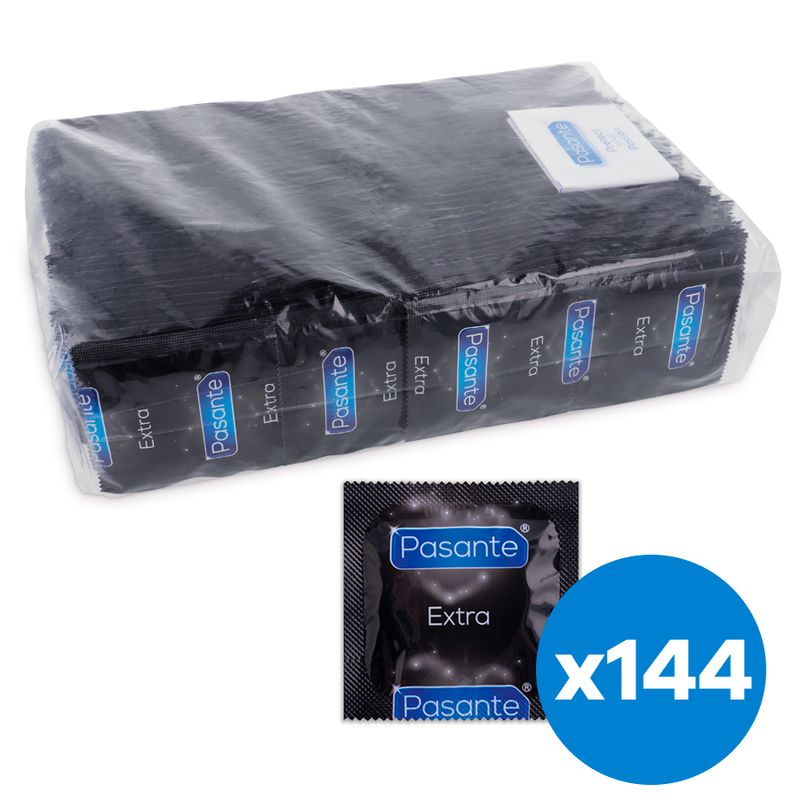 Verpakking met Pasante Extra condooms. Bevat 144 condooms. Individueel verpakt. Blauwe markering.