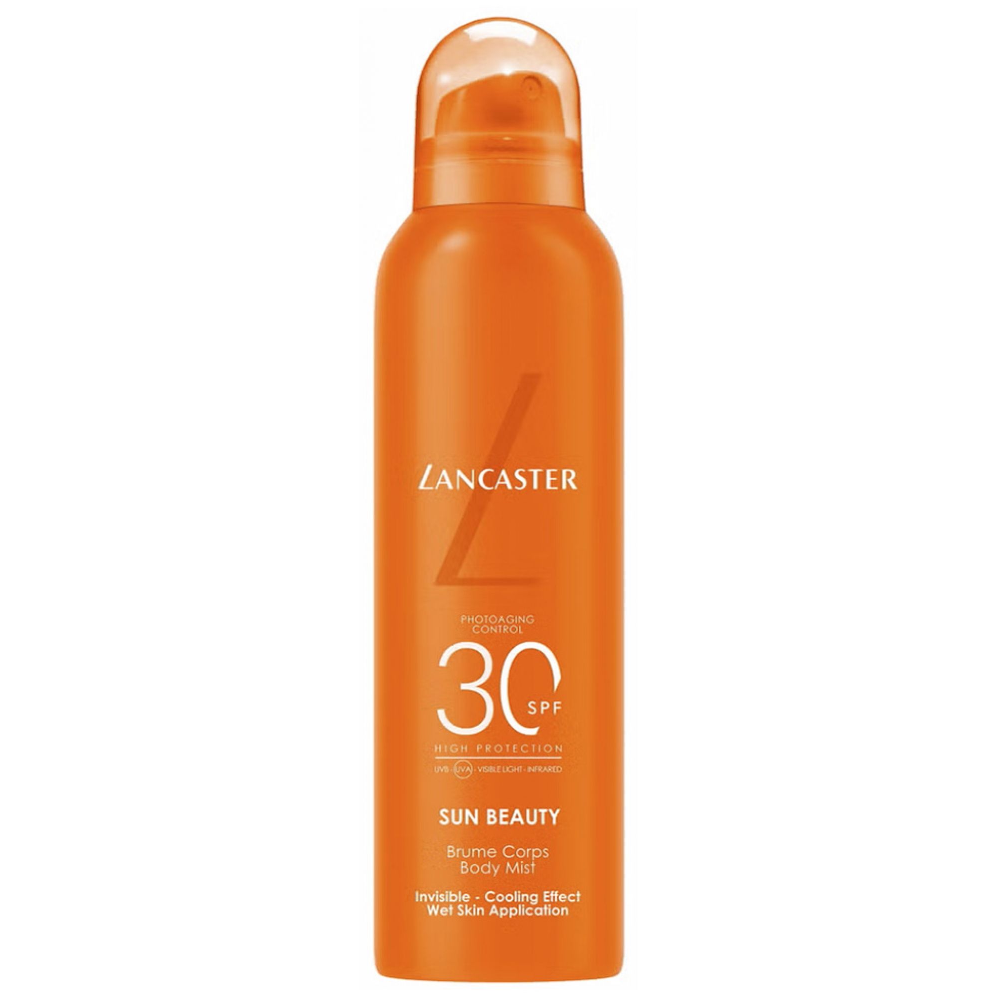 Lancaster Sun Beauty Brume Corps SPF 30 spray solaire en boîte orange.