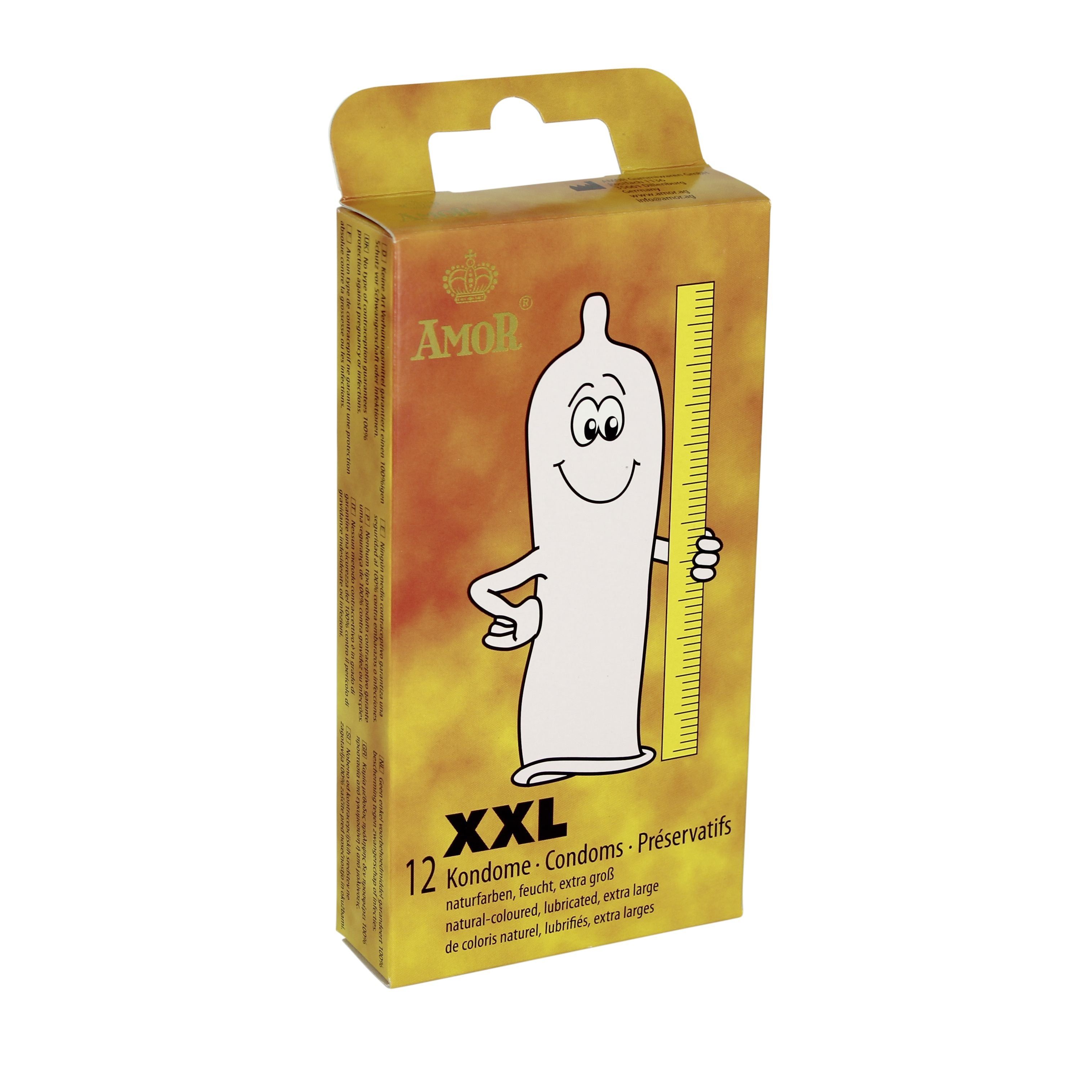 Boîte de préservatifs AMOR XXL. Illustration d'un préservatif avec échelle. Inscription: 12 préservatifs. Texte: natural-coloured, lubricated, extra large.