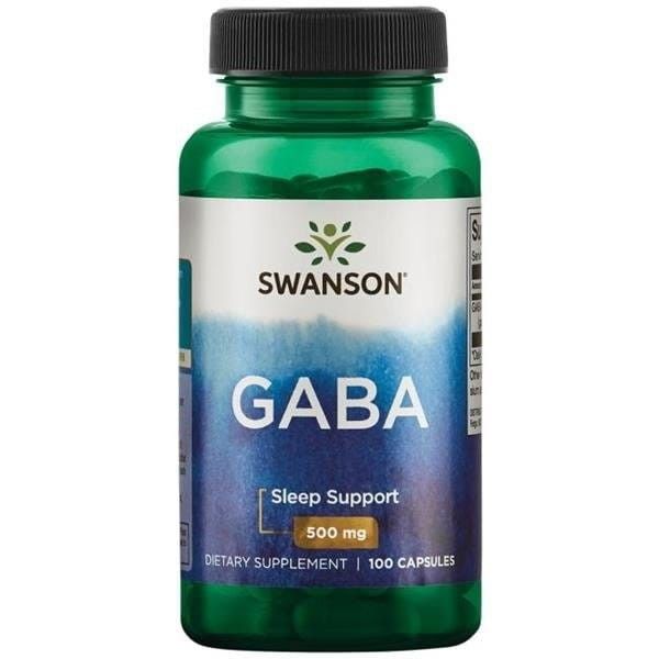 Groene fles met Swanson GABA 500 mg capsules voor slaapondersteuning.
