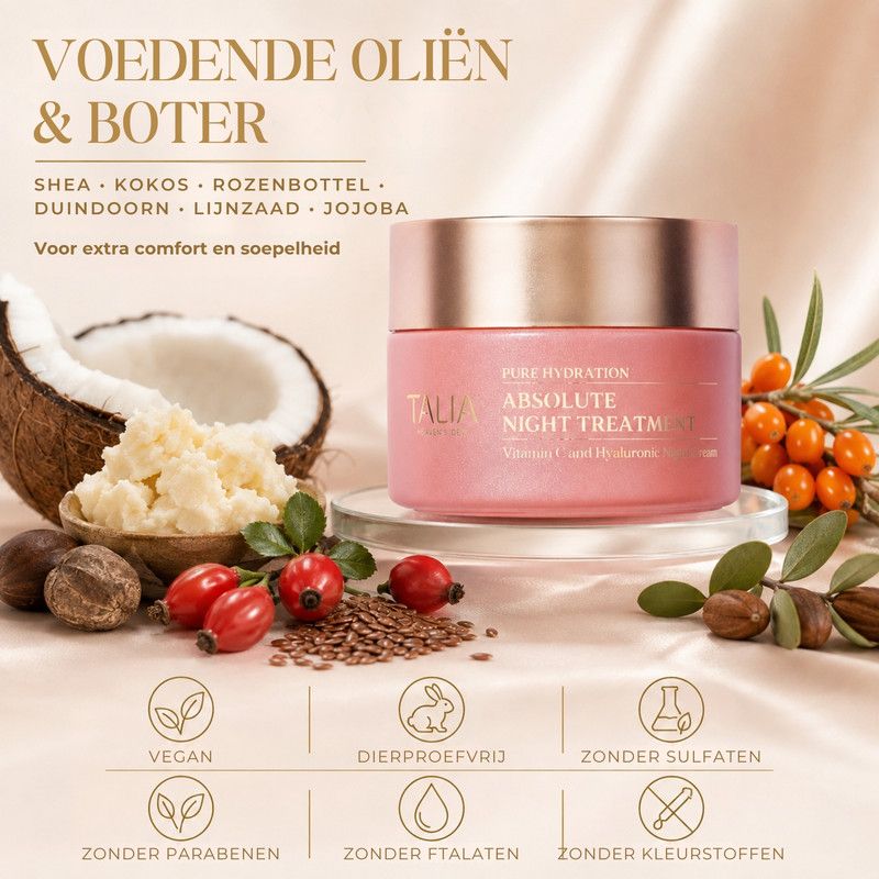 Een pot Talia Absolute Night Treatment met kokosnoot, shea boter en rozenbottel. Certificeringen: Vegan, Dierproefvrij, Zonder sulfaten, Zonder parabenen, Zonder ftalaten, Zonder kleurstoffen.