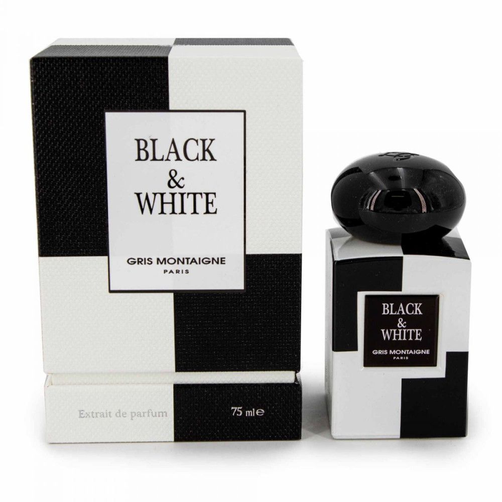 Flacon et boîte à carreaux noirs et blancs. Inscription "BLACK & WHITE" et "Gris Montaigne PARIS". Bouchon noir.