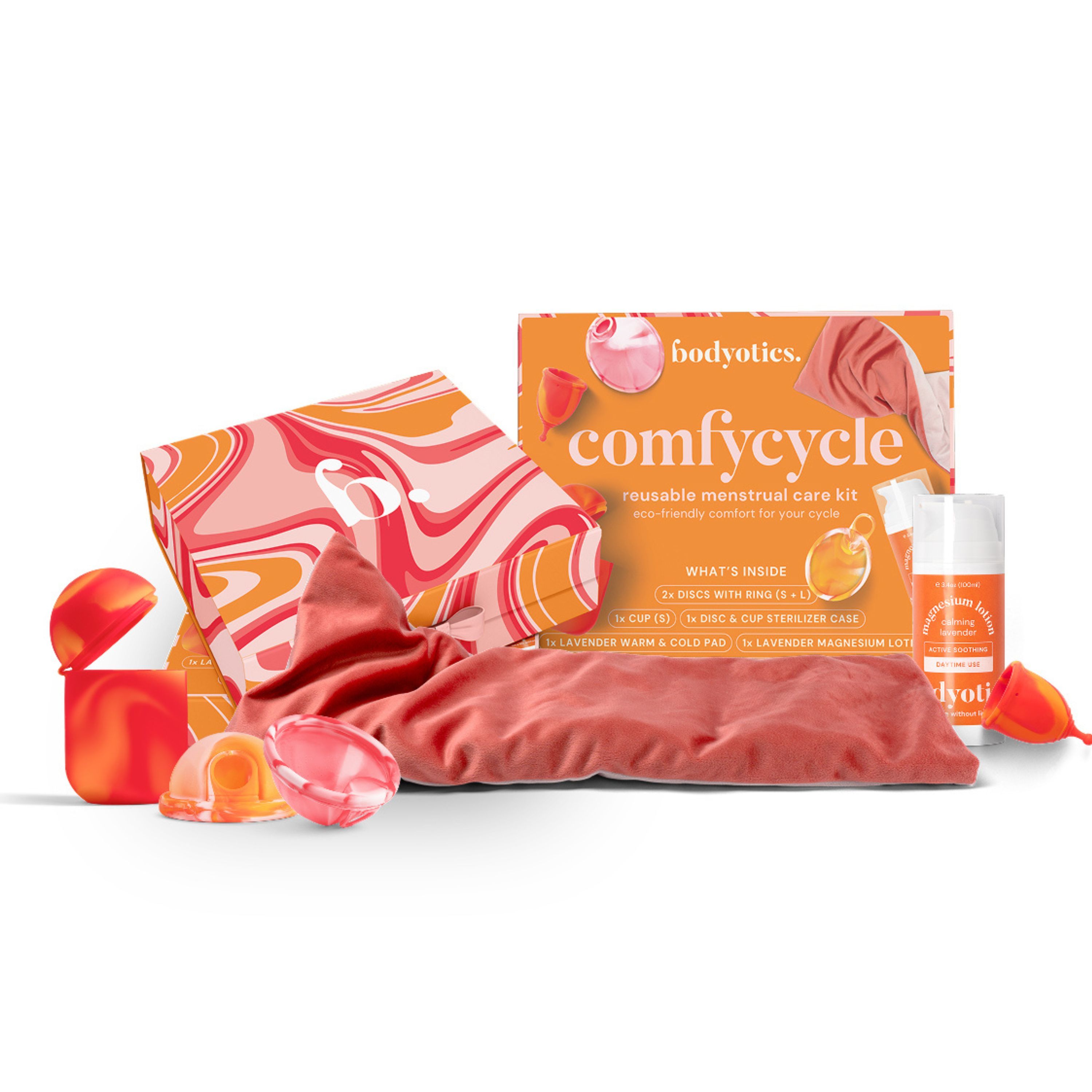 Ensemble de soins menstruels réutilisables Bodyotics Comfycycle avec bouillotte, pochette et accessoires.