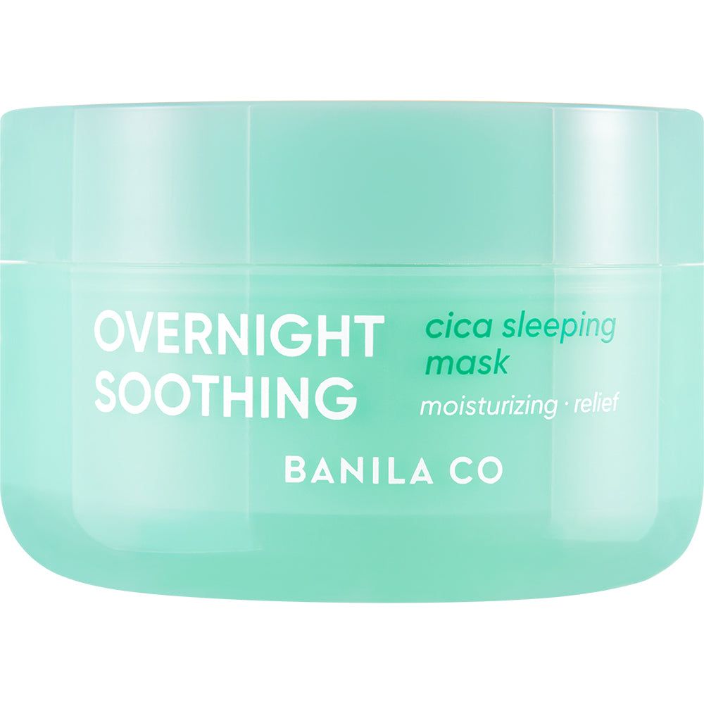 Groen potje met tekst: OVERNIGHT SOOTHING, BANILA CO, Cica Sleeping Mask.