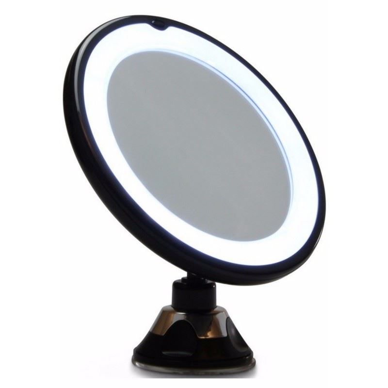 Miroir cosmétique rond avec anneau lumineux LED vif et ventouse.