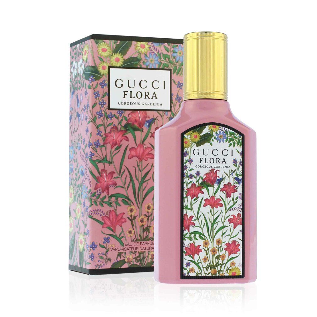 Flacon et emballage roses. Emballage avec motif floral et texte Gucci Flora Gorgeous Gardenia.