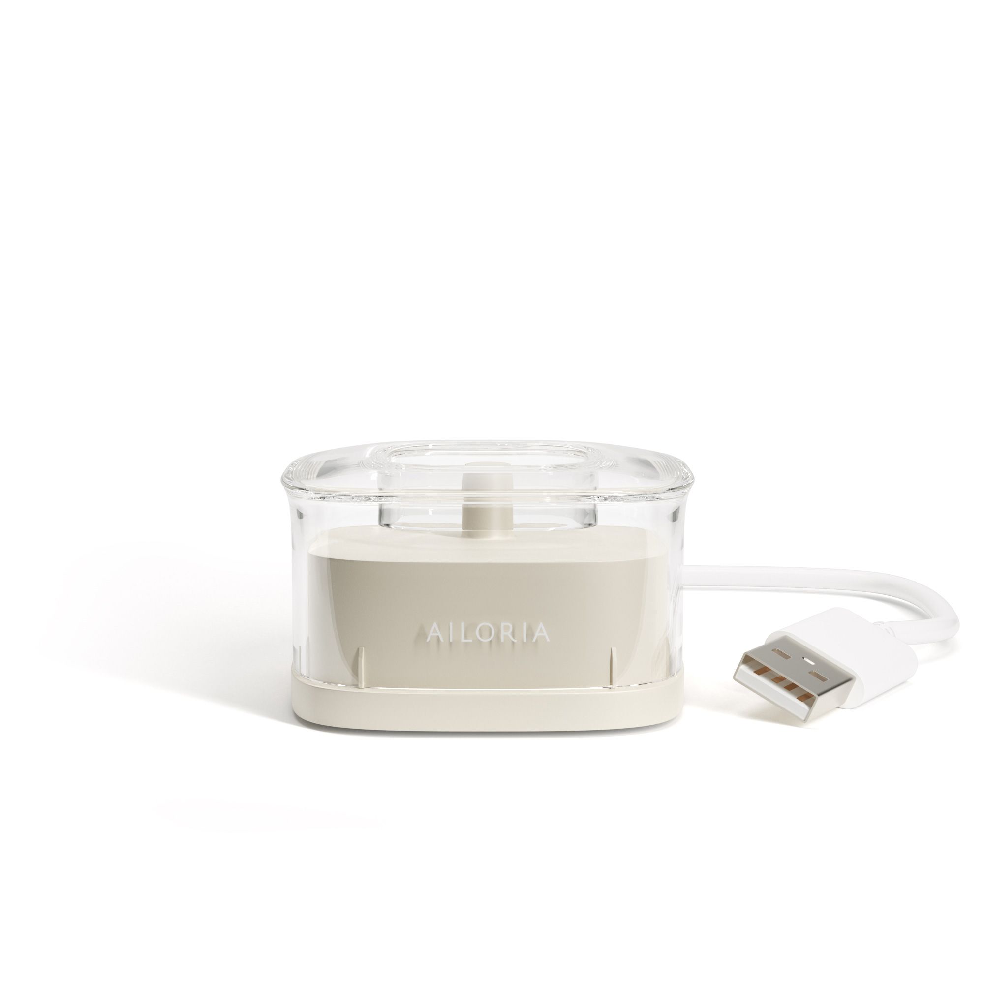 Inductief oplaadstation met transparante deksel en USB-kabel. "AILORIA" staat op de voorkant.