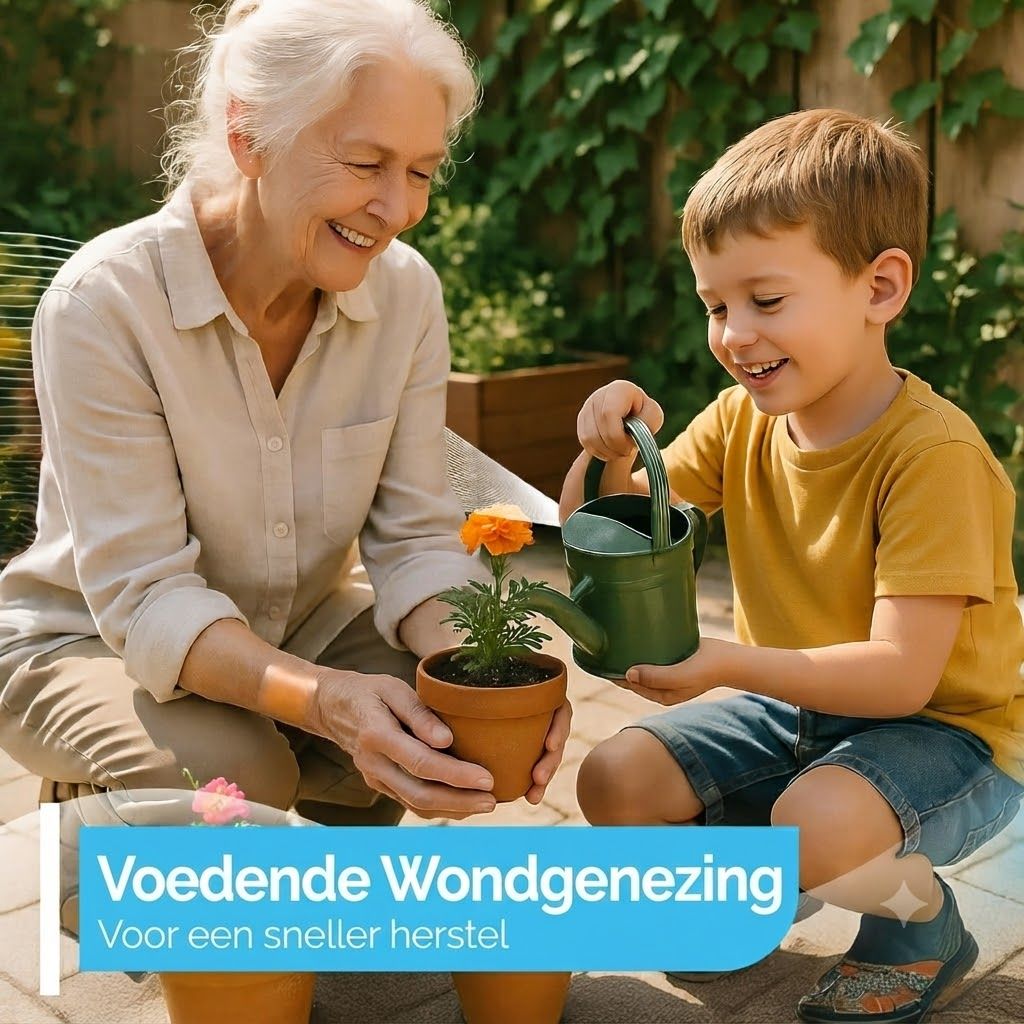 Een oudere vrouw en een jongen water geven een bloem in de tuin.