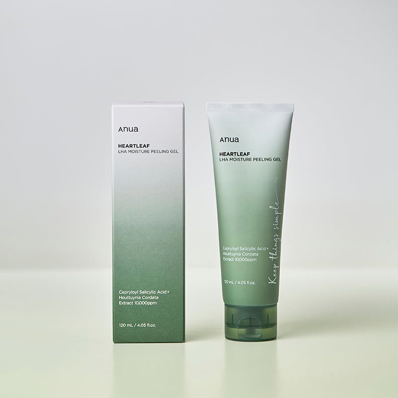 Product en verpakking. Opschrift: ANUA, HEARTLEAF LHA MOISTURE PEELING GEL. Tekst: Keep things simple.