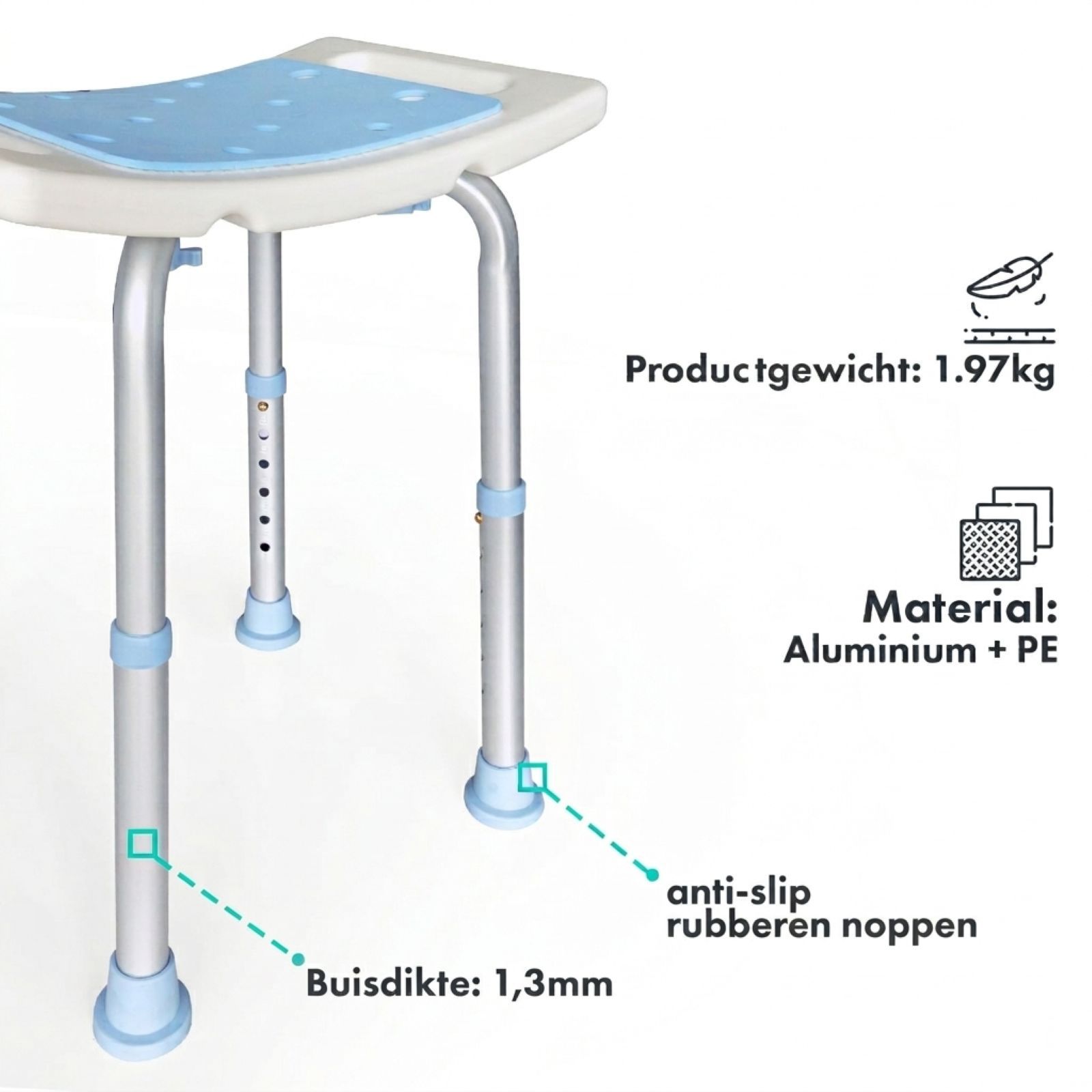 Douchekruk met blauwe zitting. Productgewicht: 1.97 kg. Materiaal: Aluminium + PE. Anti-slip rubberen noppen.