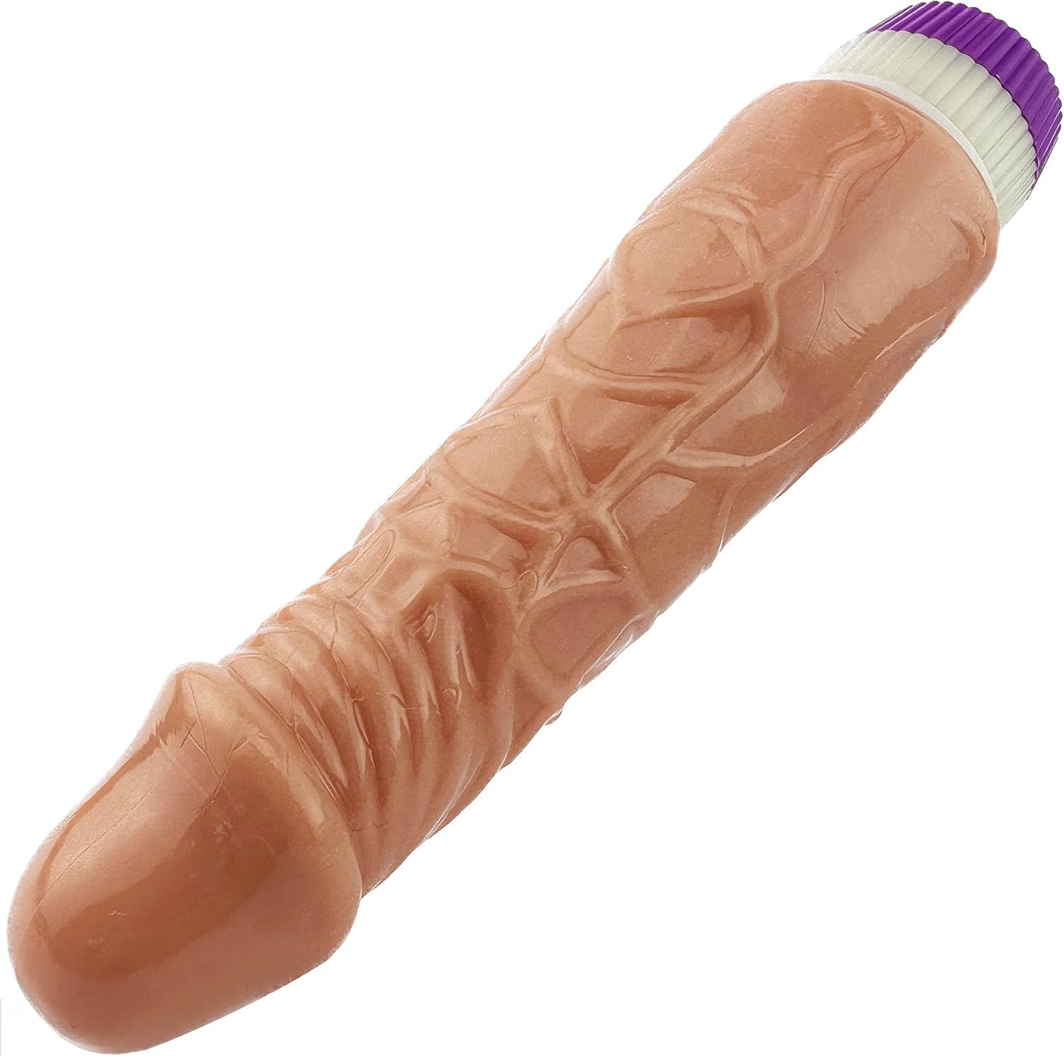 Beige dildo met realistische textuur. Paars-wit uiteinde. Gedetailleerd oppervlak.