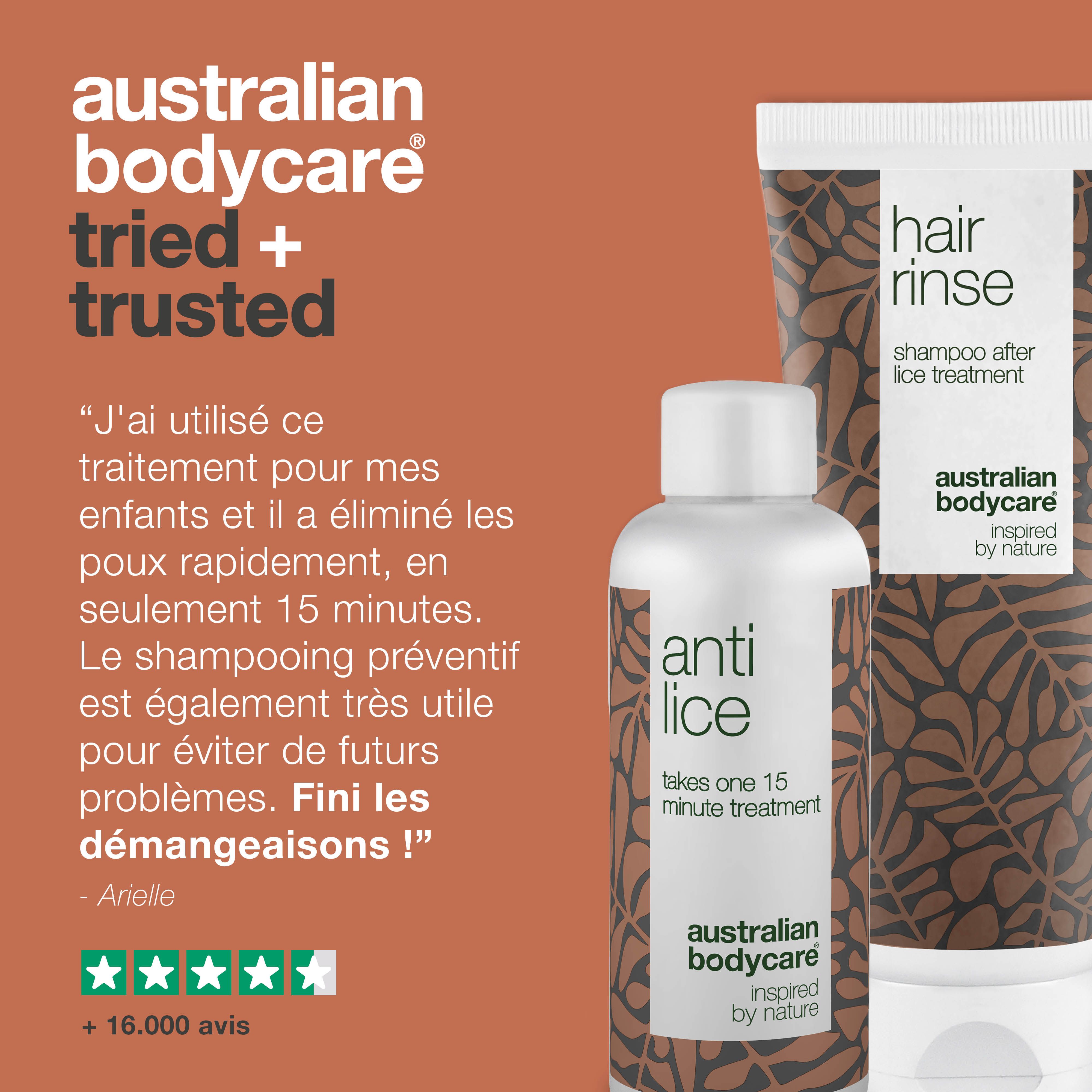 Diagramme : Australian Bodycare, essayé et approuvé. Produits "Hair Rinse" et "Anti Lice".