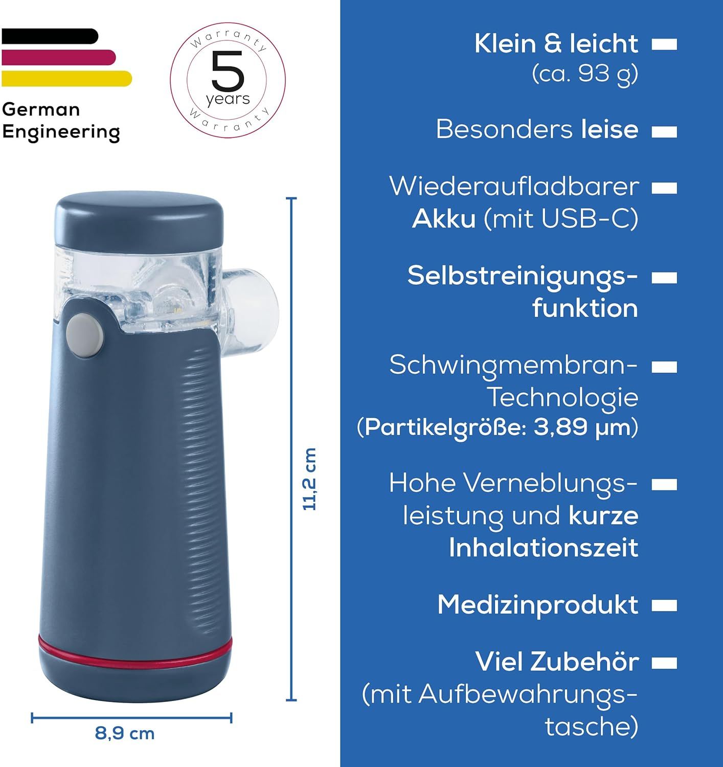 Inhalateur bleu avec accessoires. Dimensions: 8,9 x 11,2 cm. Texte: Dispositif médical. Nombreux accessoires avec sac de rangement.