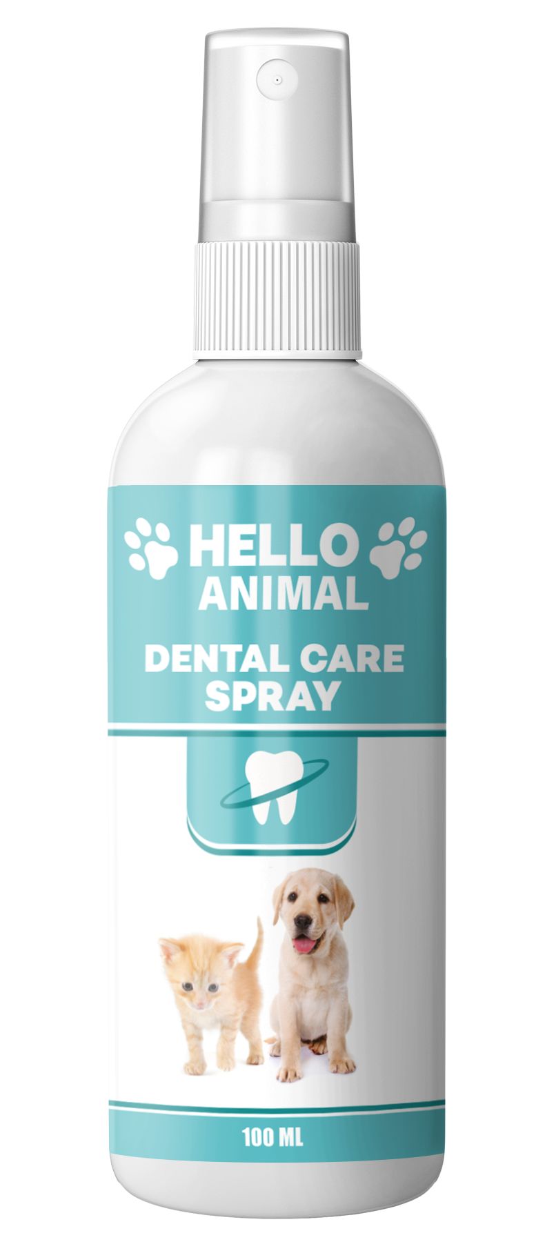 Witte fles met verstuiver. Opschrift: HELLO ANIMAL DENTAL CARE SPRAY. Afbeelding: kat en hond. 100 ml.
