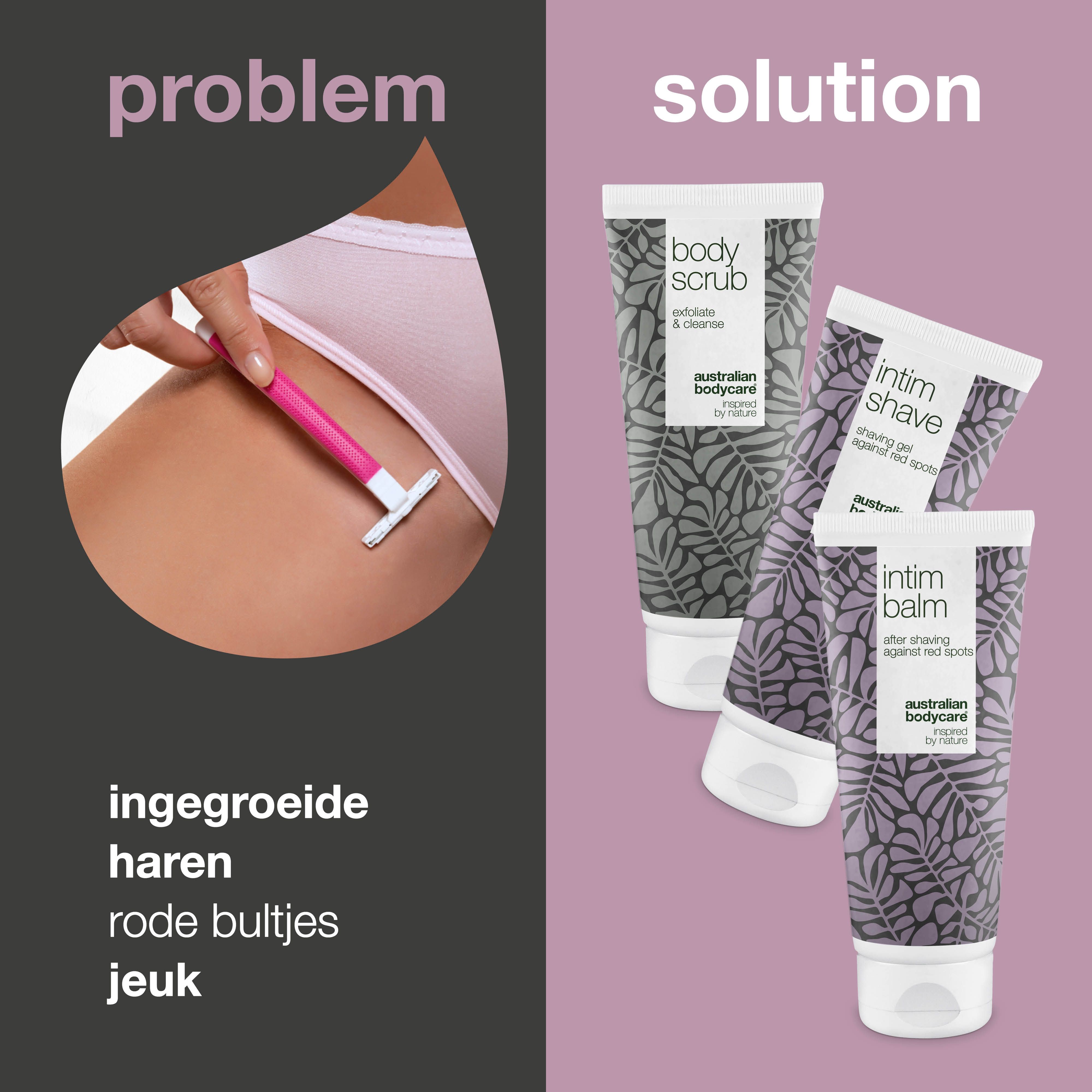 Vergelijking: probleem en oplossing. Links: been met scheermes. Rechts: producten Intimrasur. Tekst: ingegroeide haren, rode bultjes, jeuk.