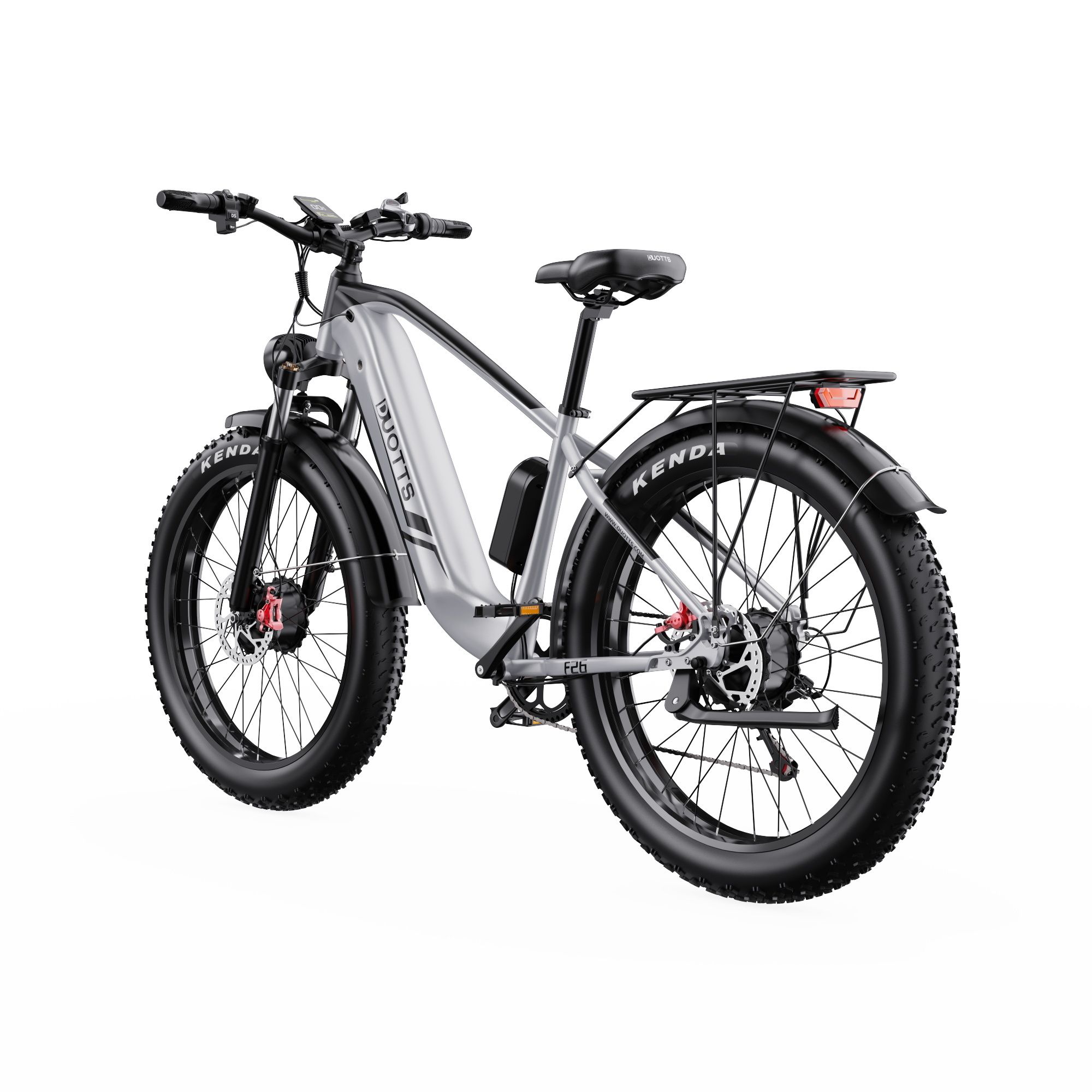 Vélo électrique DUOTTS F26, vue arrière. Cadre noir et argenté, pneus larges, porte-bagages. Moteur et batterie.
