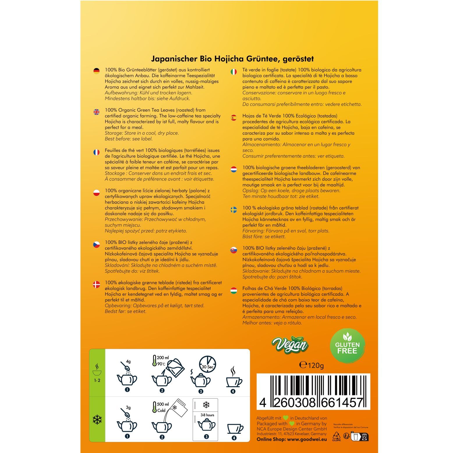 Dos de l'emballage Goodwei Bio Hojicha. Texte en plusieurs langues, dont allemand, italien, néerlandais et français. Label végétalien.