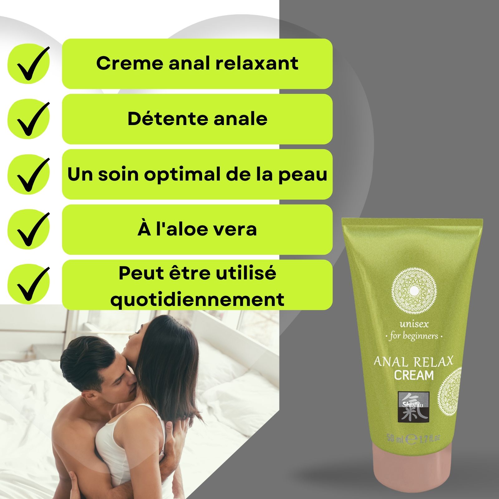 Tube et boîte vertes. Texte : ANAL RELAX CREAM, unisex for beginners. Logo. Bouchon rose. 50 ml. Couple en arrière-plan.