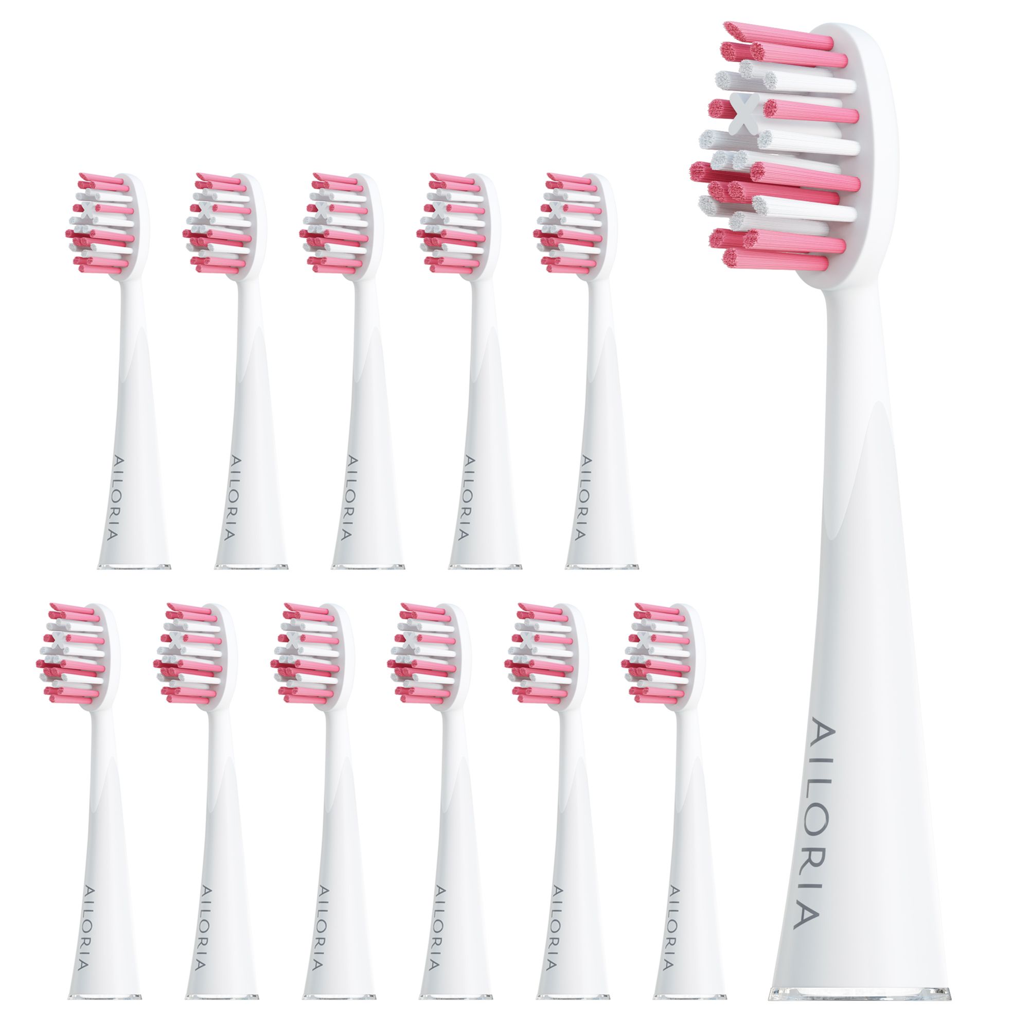 Têtes de brosse à dents blanches avec poils roses. Logo AILORIA. 12 pièces. Une tête en gros plan.