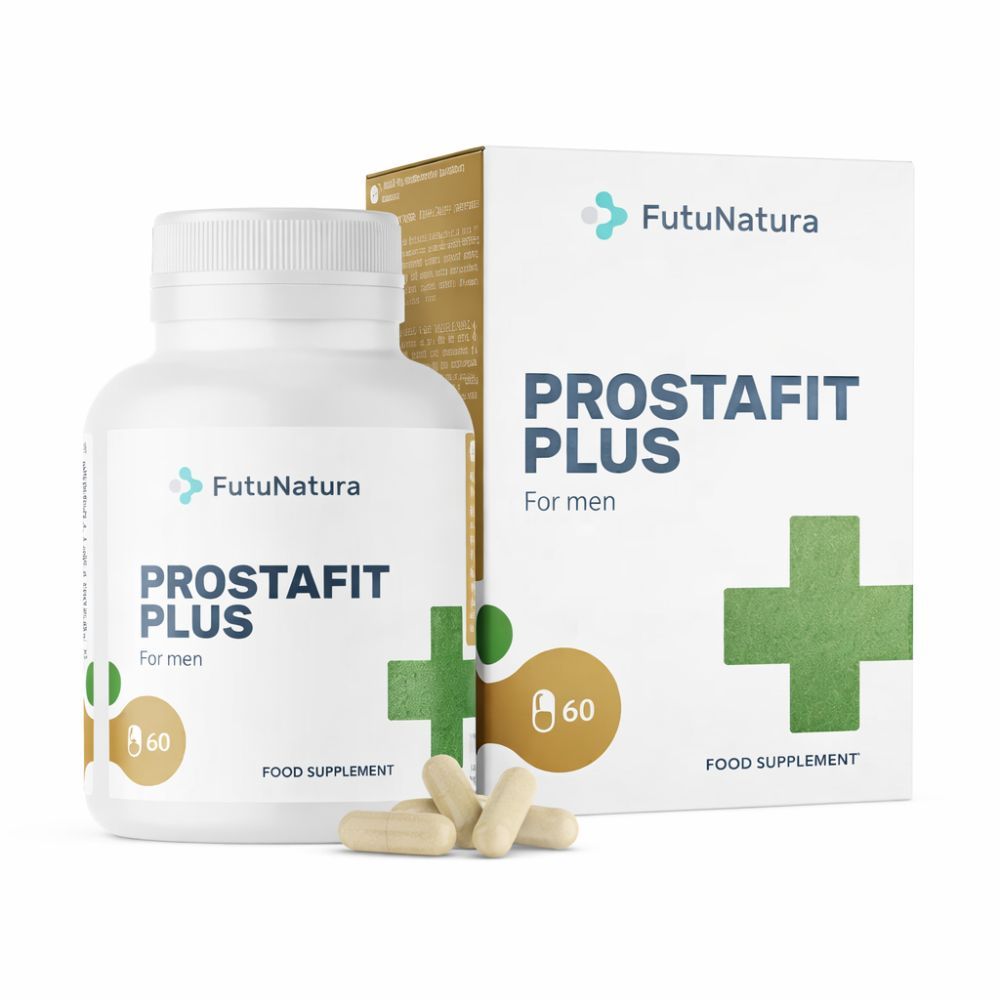 FutuNatura Prostafit Plus. Fles en doos met capsules. 60 capsules. Groen kruis. Voedingssupplement.