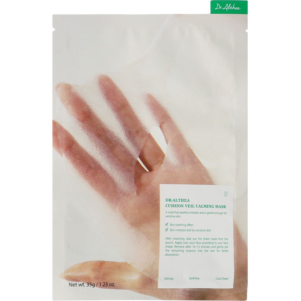 Dr. Althea Cushion Veil Kalmerend Masker: Individuele sheetmasker verpakking met handafdruk design.